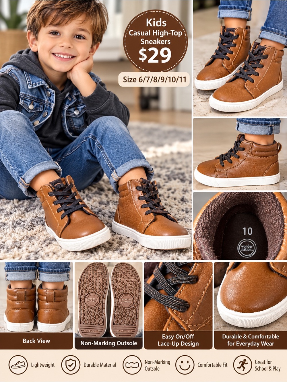 Kids Casual High-Top Sneakers - Brown